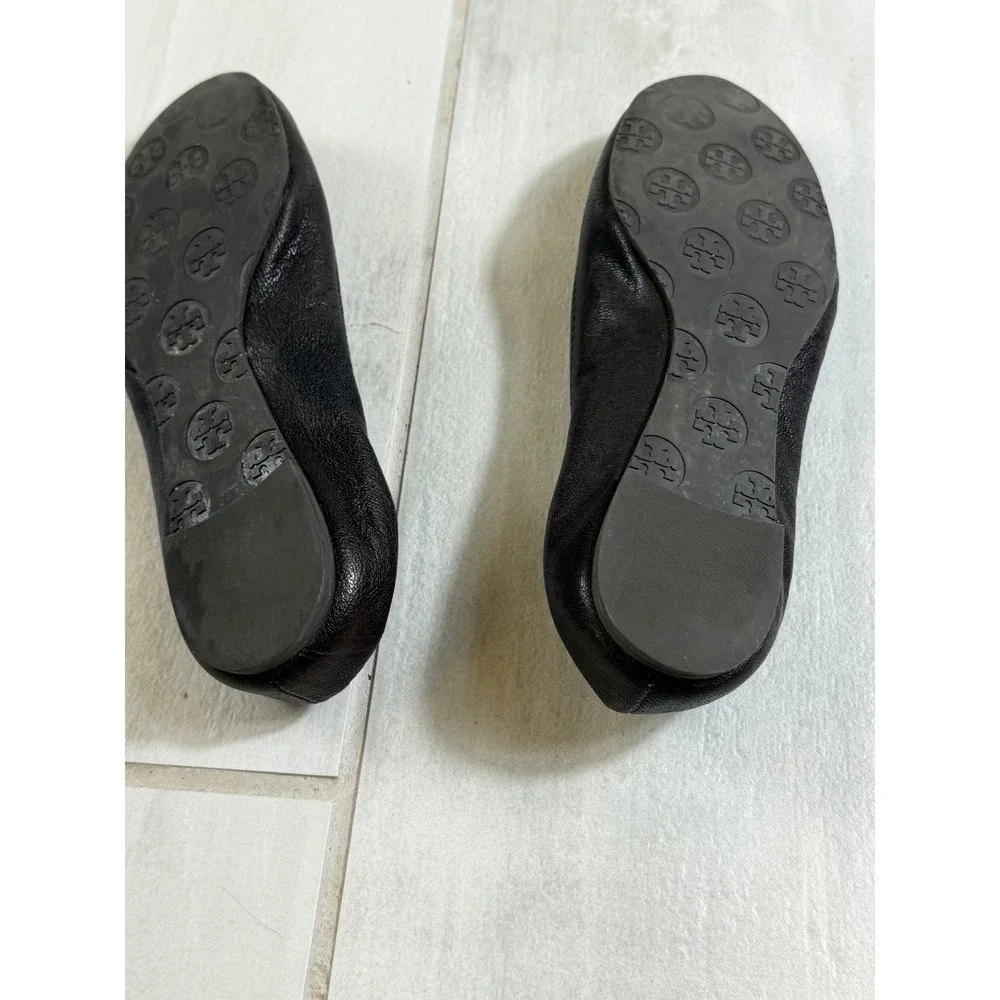 Tory Burch Reva Brown Pebbled Leather Tortoiseshell Logo Ballet Flats Size 9